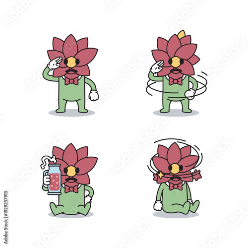 Cartoon character with flower head in various poses and activities with copy space