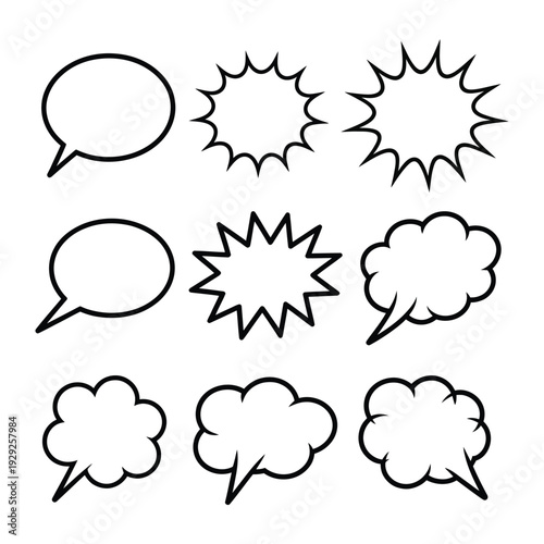 Speech Bubbles Variety: A collection of various speech bubble designs, perfect for adding emphasis and visual interest to communication. The collection includes different shapes, sizes, and styles