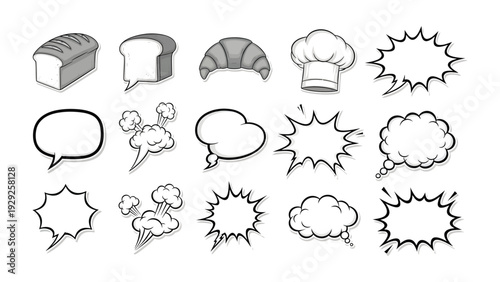 Delicious Dialogue: An artistic presentation of fresh bread and bread slices complemented by various speech bubbles, a croissant, and a chef's hat, creating a visually appealing illustration.