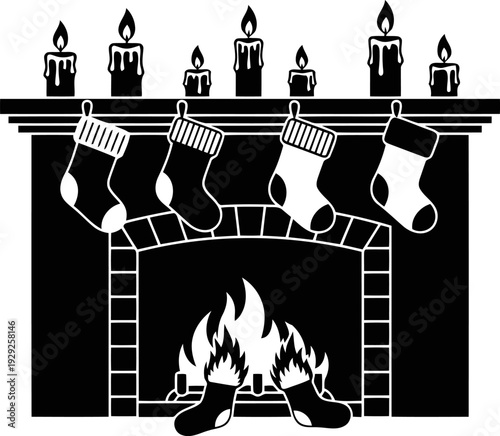 Christmas Fireplace Silhouette with Stockings  Silhouette vector on Transparent Background.