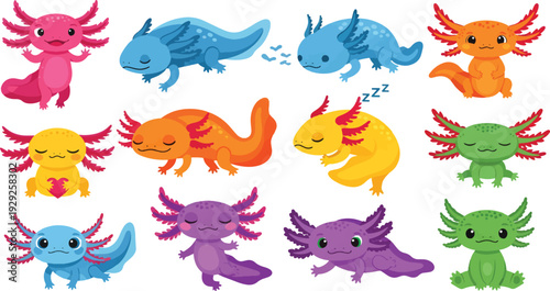 Colorful cartoon axolotl character set with twelve unique poses and vibrant colors on white background