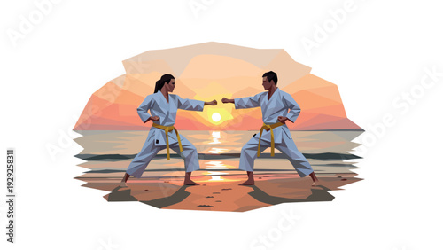 two people practicing karate on the beach at sunset in polygonal style martial arts training