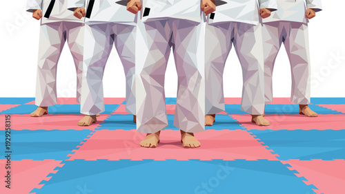 group of martial artists standing on red and blue mat low polygon style