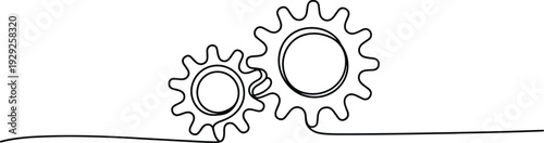 Continuous one line drawing of two gears meshing together representing industrial engineering teamwork mechanical synergy business process and technical collaboration