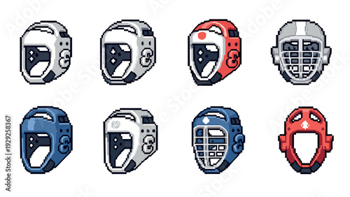 pixel art set of various martial arts helmets in different colors and styles