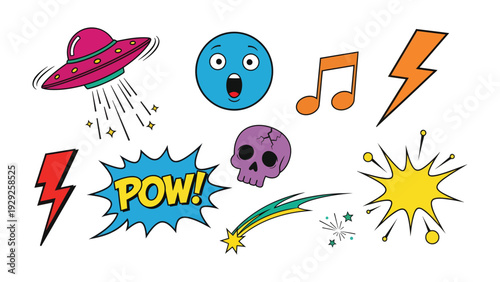 Comic elements illustration: A vibrant illustration showcasing a collection of comic elements and graphics. It could be used for storytelling and design.
