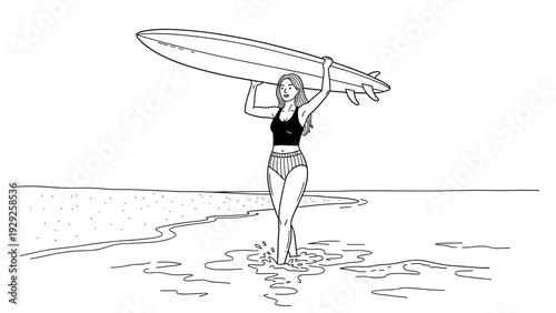 woman carrying surfboard walking out of ocean on beach line art hand drawn illustration
