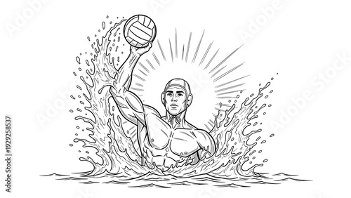 water polo player throwing ball with splash hand drawn line art sports illustration