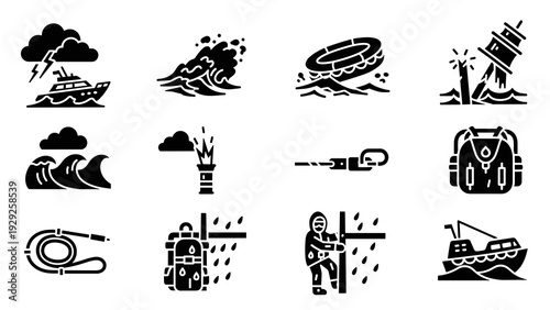 set of 12 black silhouette fishing boat and ocean life icons in hand drawn style