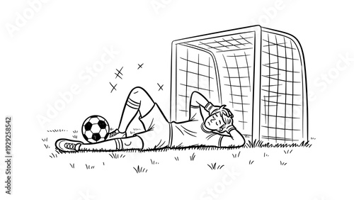 soccer goalkeeper resting on the grass near goal post hand drawn line art illustration