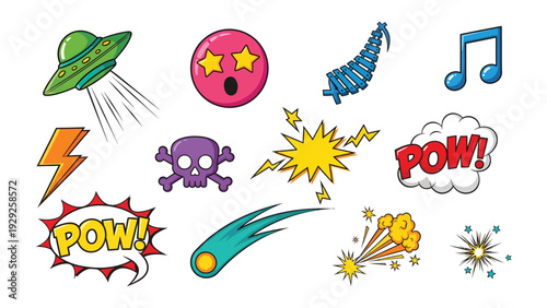 Comic Book Pop Art Elements: Dynamic comic book elements burst with color and energy, featuring iconic symbols like a UFO, explosions, stars, lightning bolts, skull, music note.