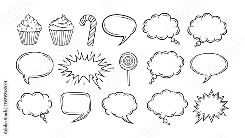 Sweet Thought Bubbles: A charming illustration features a collection of whimsical thought bubbles, cupcakes and lollipop, ideal for adding a touch of sweetness and creativity to design projects.