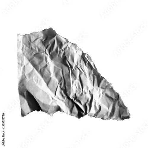 Halftone crumpled paper sheet isolated on white background. Dotted monochrome wrinkled page for grunge design, collage, poster mockup and vintage print texture.