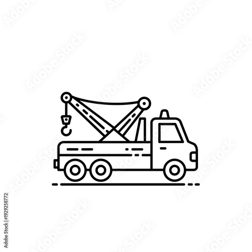 tow truck vehicle icon in black and white hand drawn line art style for construction and transportation design