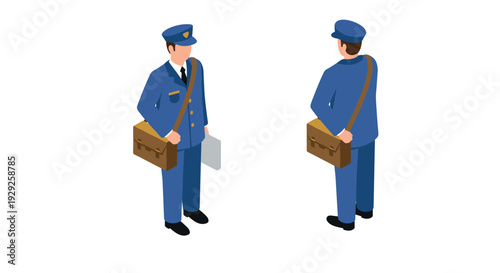 isometric delivery man in blue uniform with satchel and document bag front and back views modern illustration