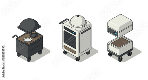 three isometric food serving robot carts hand drawn illustration for futuristic food delivery design