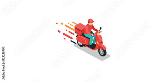 delivery person riding a scooter with fast motion effect isometric style illustration
