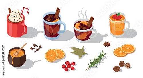 set of hand drawn winter drinks with spices honey and fruits in glass mugs illustration