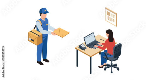 isometric mailman delivering parcel to woman working on laptop at office desk modern vector illustration