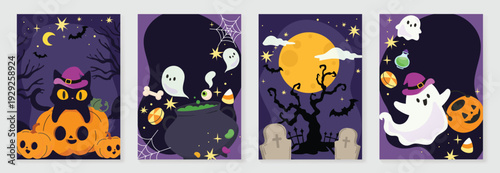 Halloween poster set vector illustration with ghosts moon night sky and spooky silhouettes. Hand drawn cute design for wall art, party invitation, flyer, and social media.