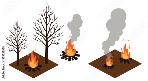 isometric campfire and forest fire illustrations with smoke and flames in flat style
