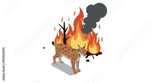 wild lynx near forest fire with burning trees and smoke in isometric style