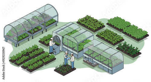 isometric commercial greenhouse vegetable farm with workers hand drawn illustration for agriculture technology and farming concept