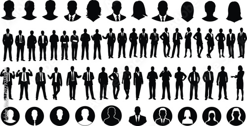 Business people silhouettes in suits and professional headshot icons isolated on white background vector