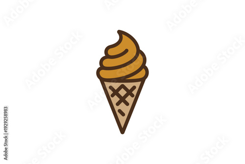 A creamy ice cream icon in a brown waffle cone illustration