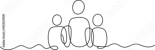 Minimalist continuous line drawing of abstract family figures, parent with children, modern vector art, unity, love, togetherness illustration