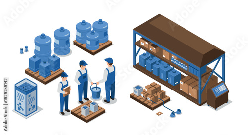 isometric water delivery service workers with large water containers pallets and storage rack illustration