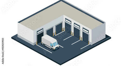 isometric warehouse building with loading dock doors and delivery truck vector illustration