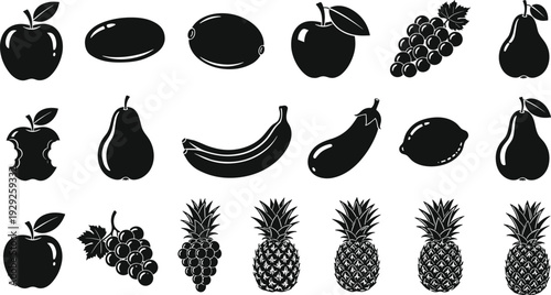 Collection of black fruit and vegetable silhouettes, healthy food icons, organic grocery symbols, isolated vegan produce vector set, kitchen illustration.