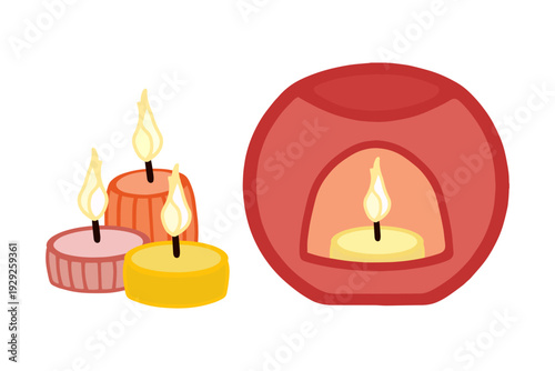 Vector illustration of aroma lamp and scented candles. Основные RGB