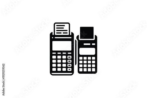 A cash register icon with a modern payment terminal illustration