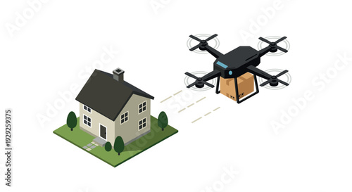 home delivery drone carrying package to house isometric vector illustration
