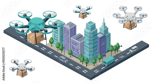 isometric city buildings with drones carrying boxes hand drawn delivery concept