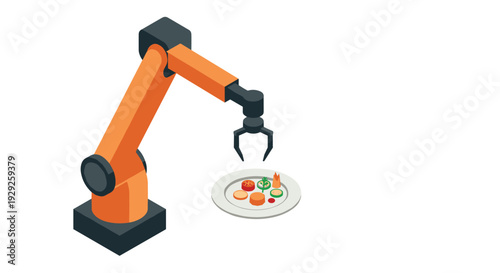 orange robotic arm with black claw preparing food on white plate isometric illustration