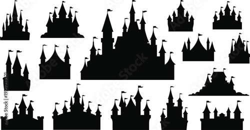 Collection of Enchanted Castle Silhouette Vector Illustrations Featuring Fairy Tale Fortresses Palaces and Medieval Kingdom Towers for Fantasy Magic Storytelling Design