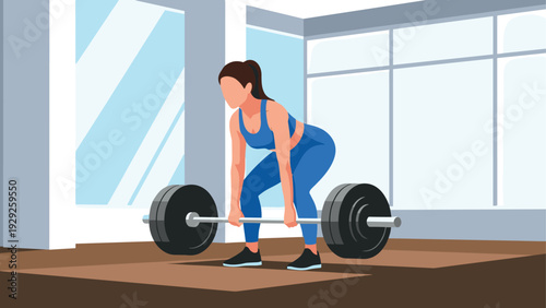 woman lifting barbell weight in gym workout exercise flat vector illustration