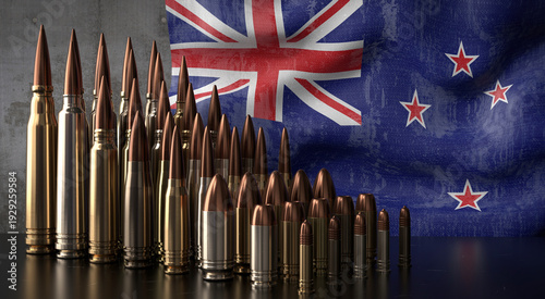 Foto New Zealand - various projectiles and national flag - 3D illustration