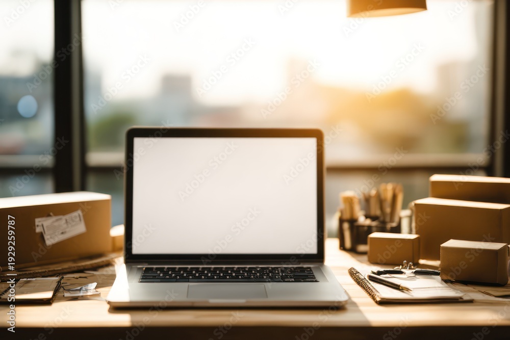 Fototapeta premium Small business shipping area with laptop screen