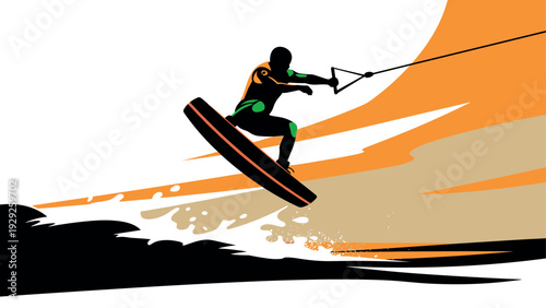 wakeboarding silhouette of sportsman jumping with board hand drawn vector illustration with dynamic splashes and orange accents