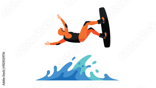 illustration of a wakeboarder in orange gear falling into blue water splash hand drawn style