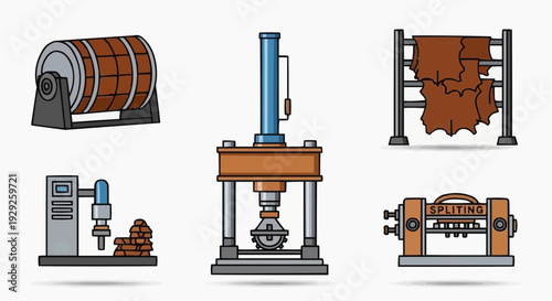 Industrial machinery icons set featuring manufacturing equipment and various mechanical devices in a modern factory setting from a straightforward viewpoint