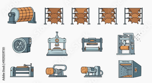 Industrial machines illustrated in a grid layout showcasing various mechanical equipment and manufacturing processes from a top-down viewpoint
