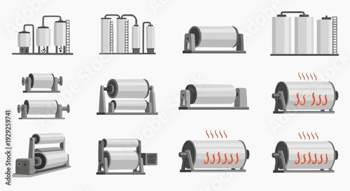 Industrial machinery components illustrated in a grid layout showcasing various mechanical parts and heating elements from a technical viewpoint