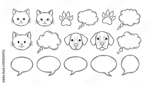 Cute Cartoon Cats and Dogs with Speech Bubbles: A charming collection of hand-drawn illustrations featuring adorable cat and dog faces, paw prints, and blank speech bubbles.