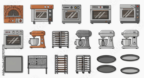 Collection of kitchen appliances and furniture illustrated in a grid layout from a frontal viewpoint