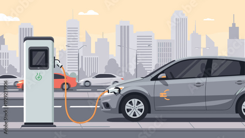 electric car charging at station in city street flat vector illustration